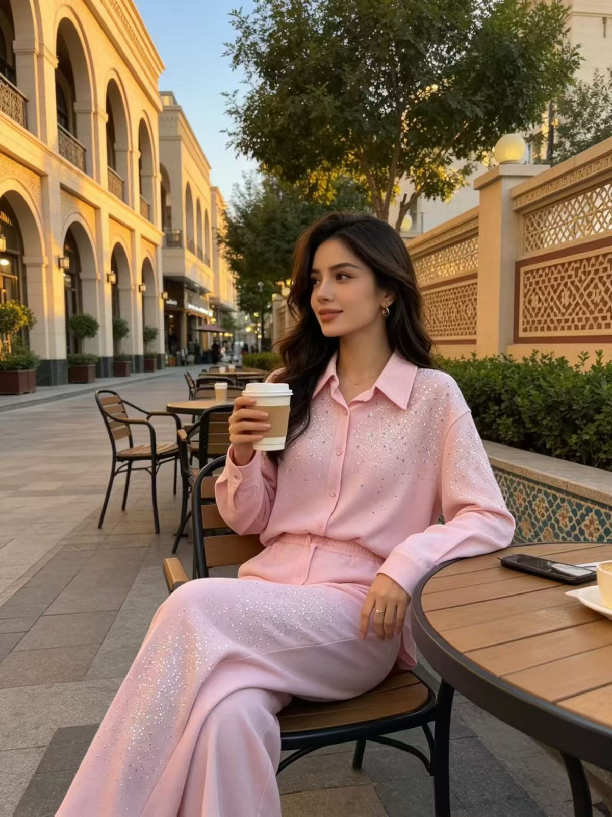 Rhinestone Knit Two Piece Set, Long Sleeve Collared Shirt & High Waist Wide Leg Pants Outfit