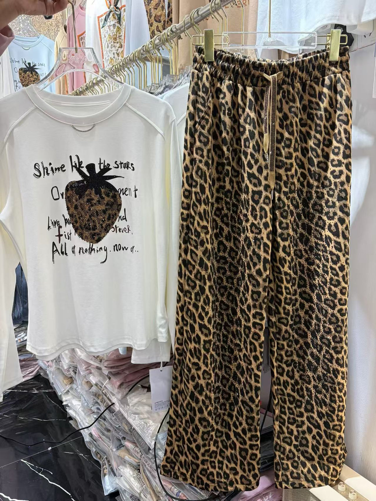 Leopard Strawberry Graphic Top & Wide Leg Leopard Pants Set