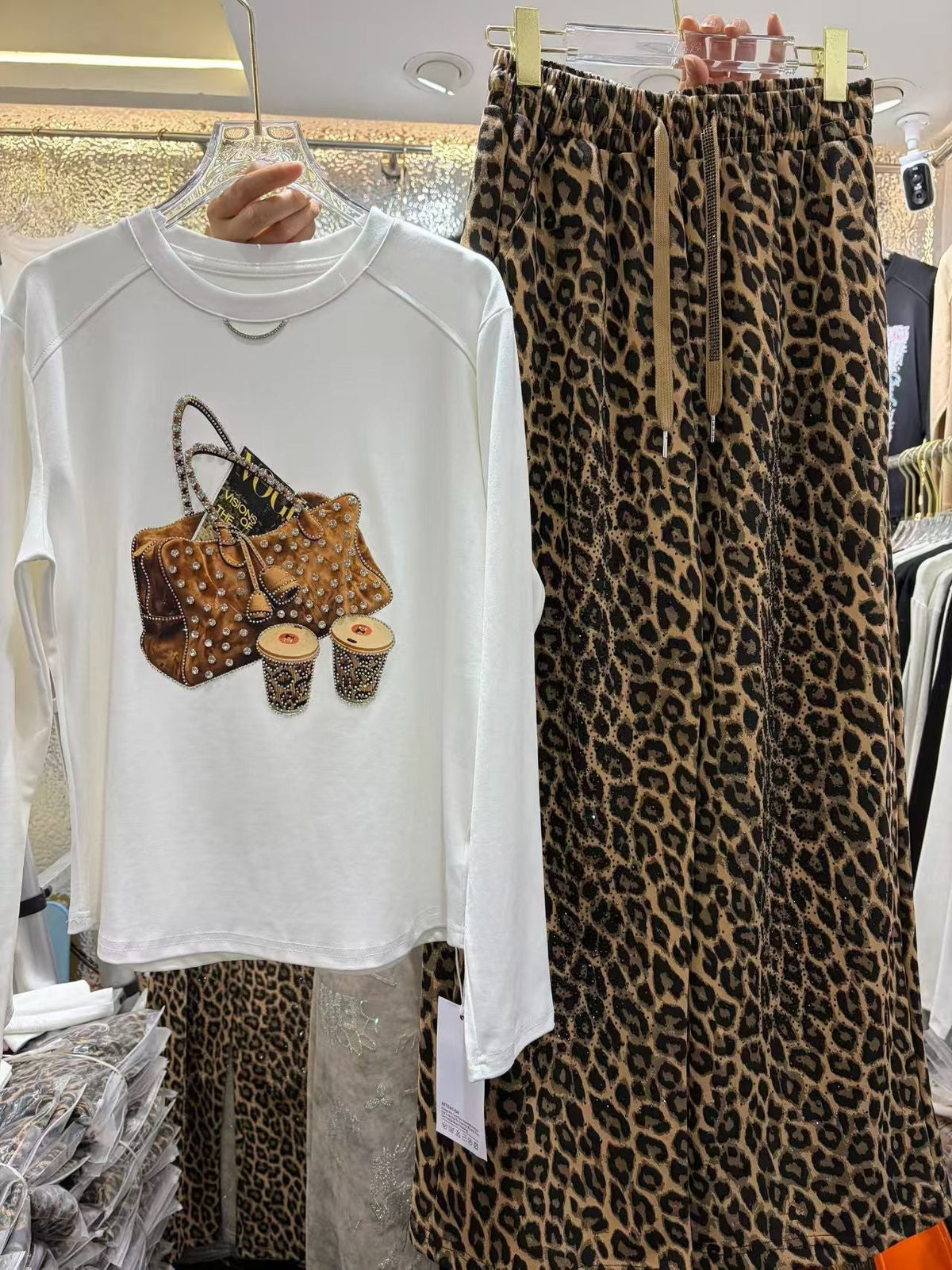 Studded Handbag Graphic Top & Leopard Wide Leg Pants Set