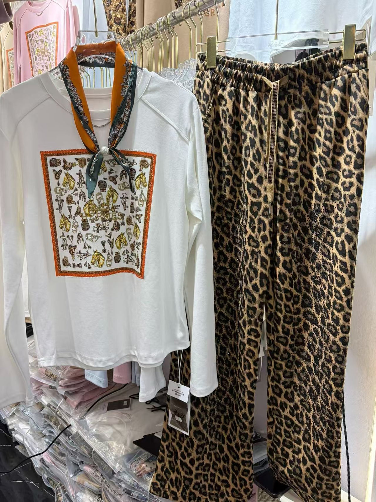 Equestrian Scarf Graphic Long Sleeve Top & Leopard Pants Set - Soliette