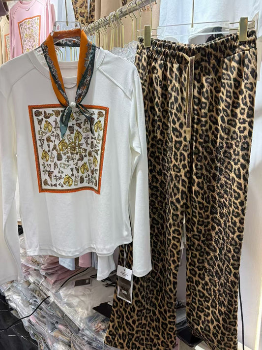 Equestrian Scarf Graphic Long Sleeve Top & Leopard Pants Set - Soliette