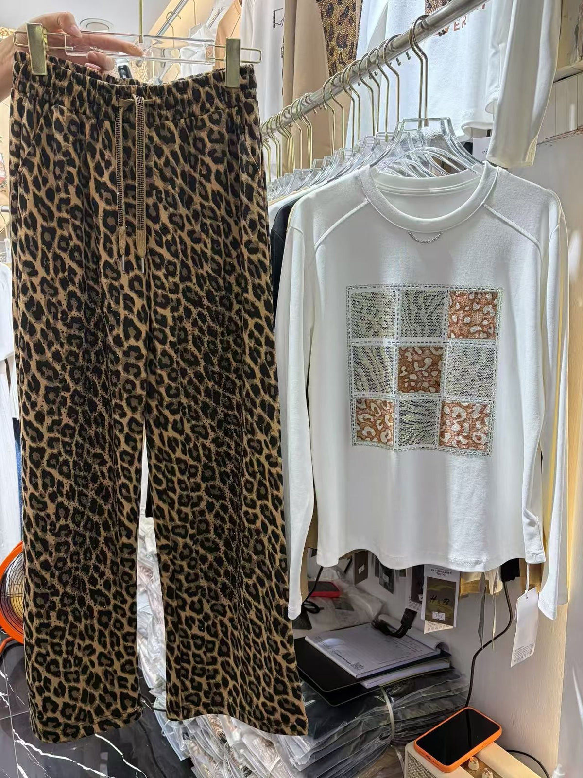 Animal Print Patchwork Graphic Top & Leopard Trousers Set