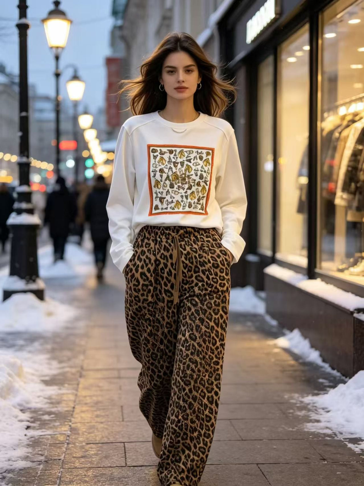 White Vintage Scarf Graphic Top & Leopard Print Pants Two-Piece Set