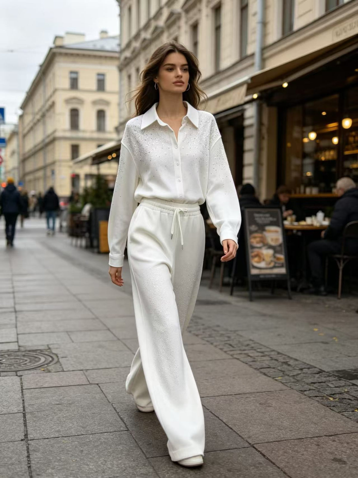Rhinestone Knit Two Piece Set, Long Sleeve Collared Shirt & High Waist Wide Leg Pants Outfit