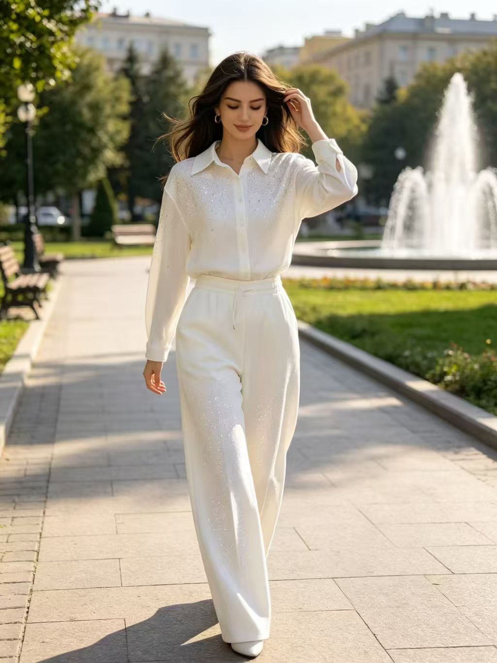 Rhinestone Knit Two Piece Set, Long Sleeve Collared Shirt & High Waist Wide Leg Pants Outfit