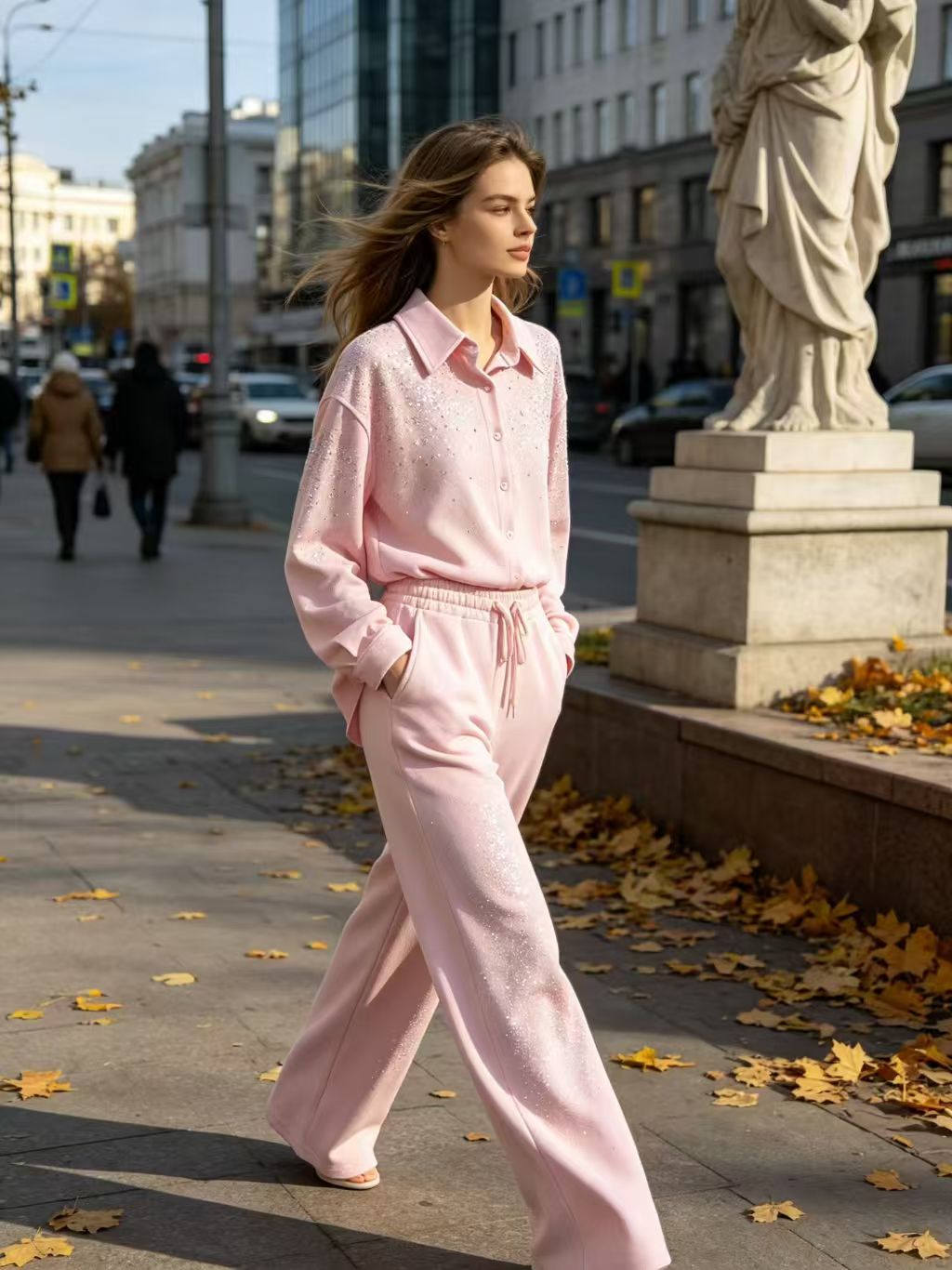 Rhinestone Knit Two Piece Set, Long Sleeve Collared Shirt & High Waist Wide Leg Pants Outfit
