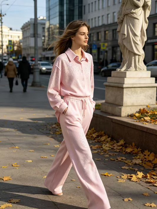 Rhinestone Knit Two Piece Set, Long Sleeve Collared Shirt & High Waist Wide Leg Pants Outfit