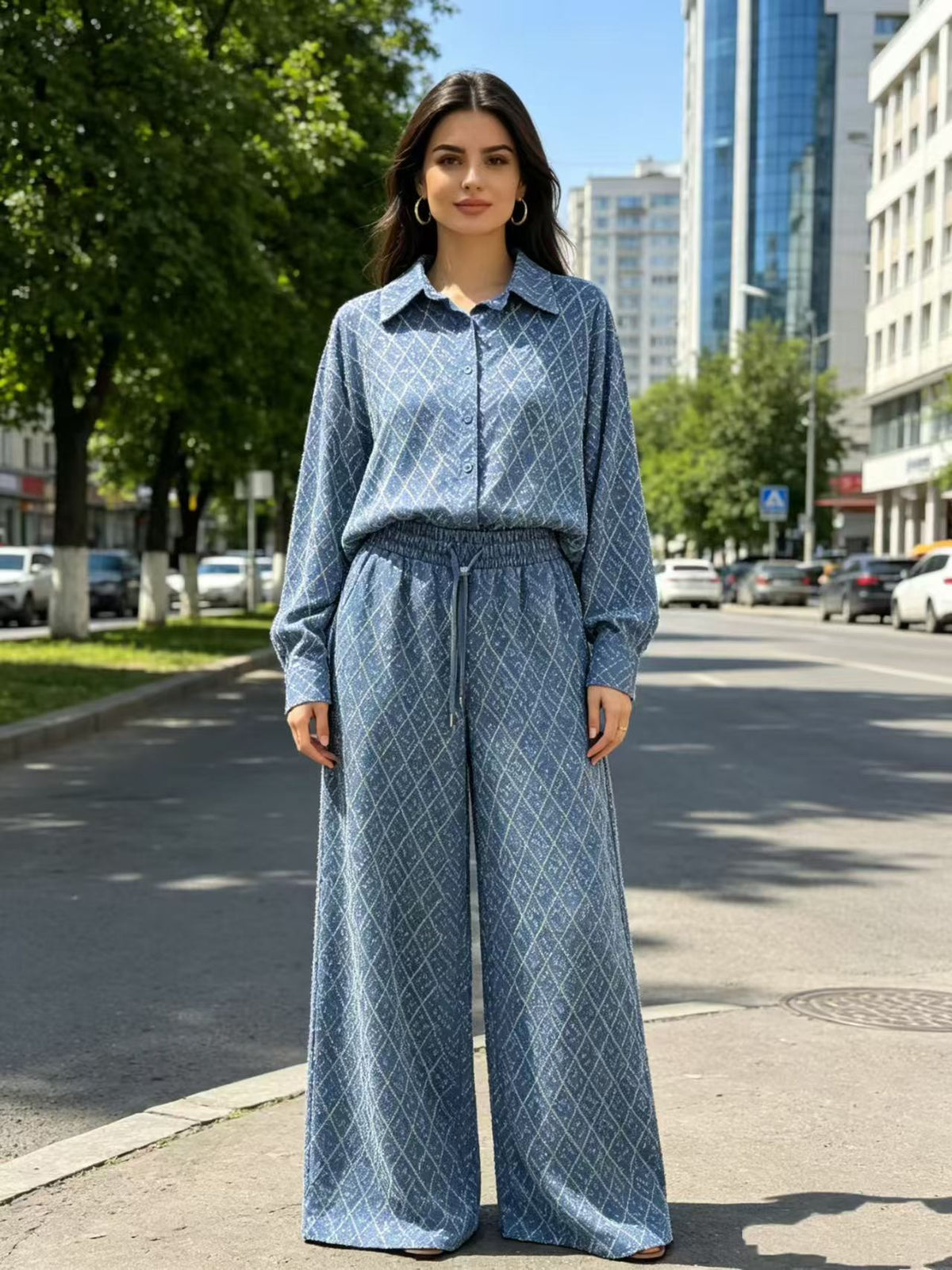 Rhinestone Knit Two Piece Set, Long Sleeve Collared Shirt & High Waist Wide Leg Pants Outfit
