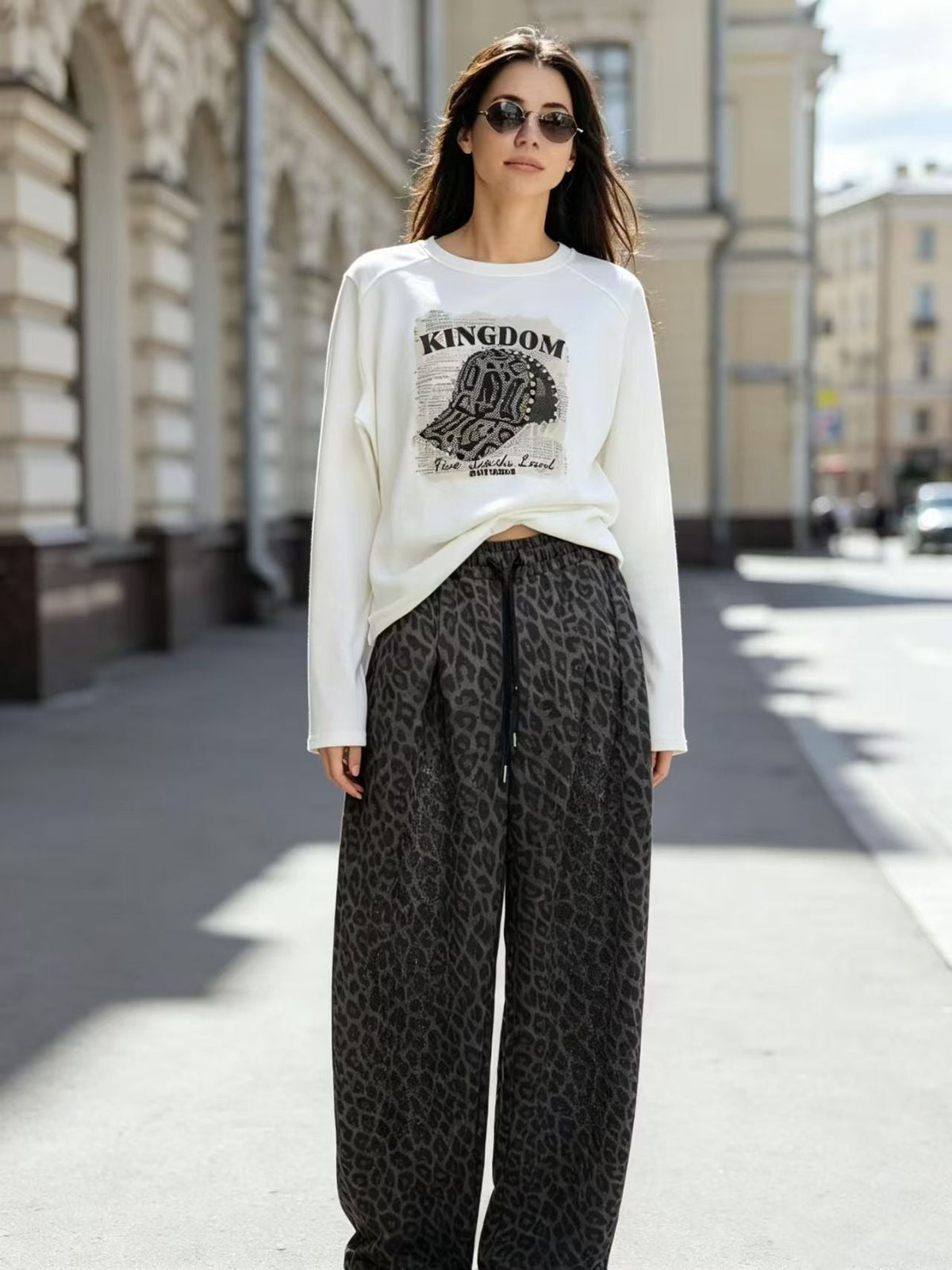 White Kingdom Graphic Top & Charcoal Leopard Pants Two-Piece Set