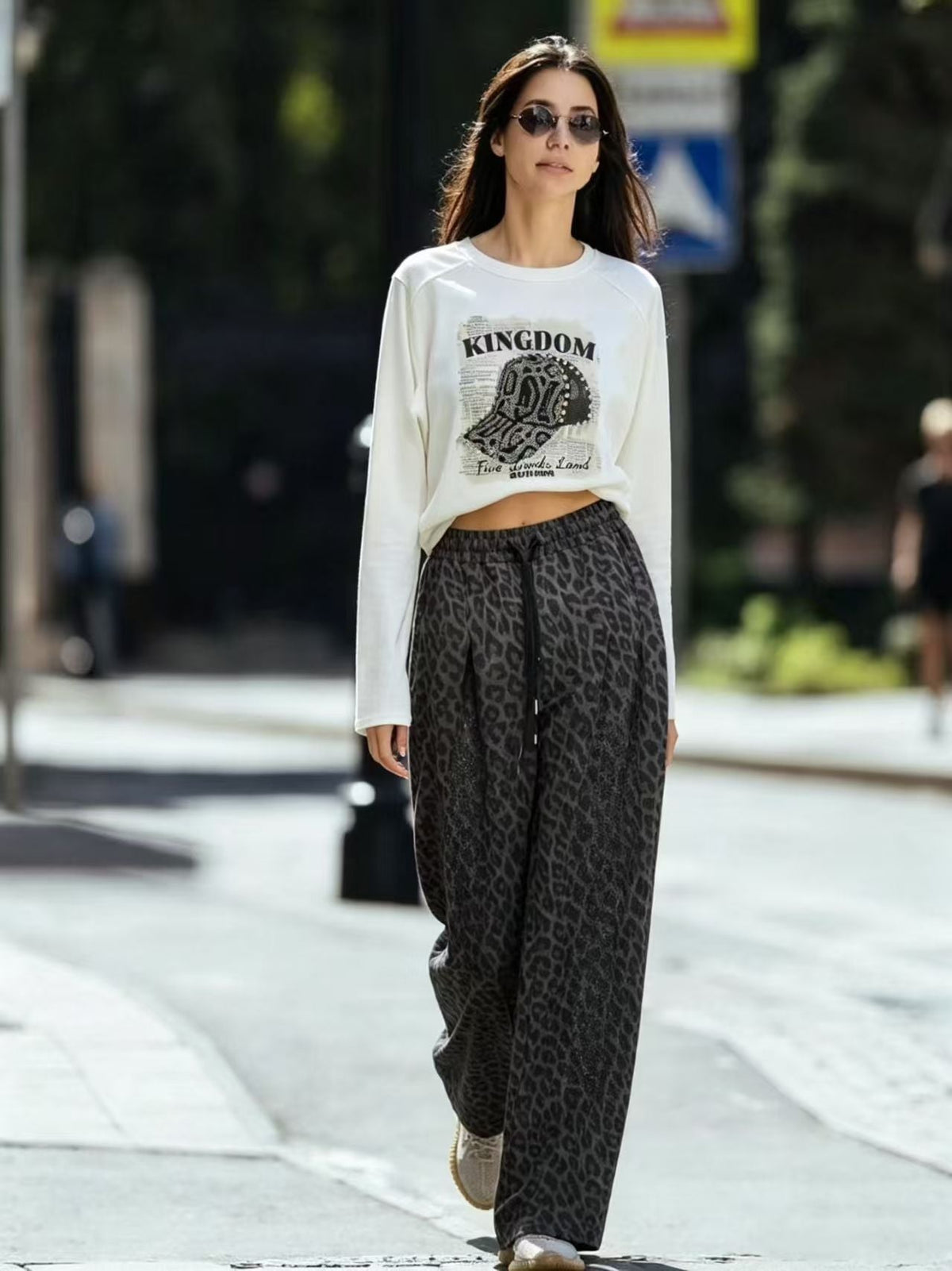 Street Style View of Kingdom Graphic Top with Rhinestone Cap Accent