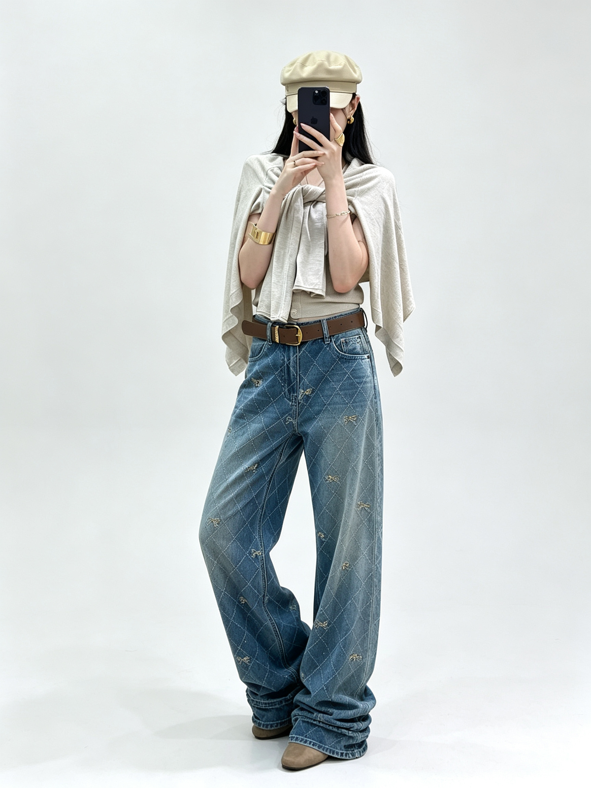 Women Vintage Floral Embroidered Wide Leg Jeans High Waist Baggy Denim Pants