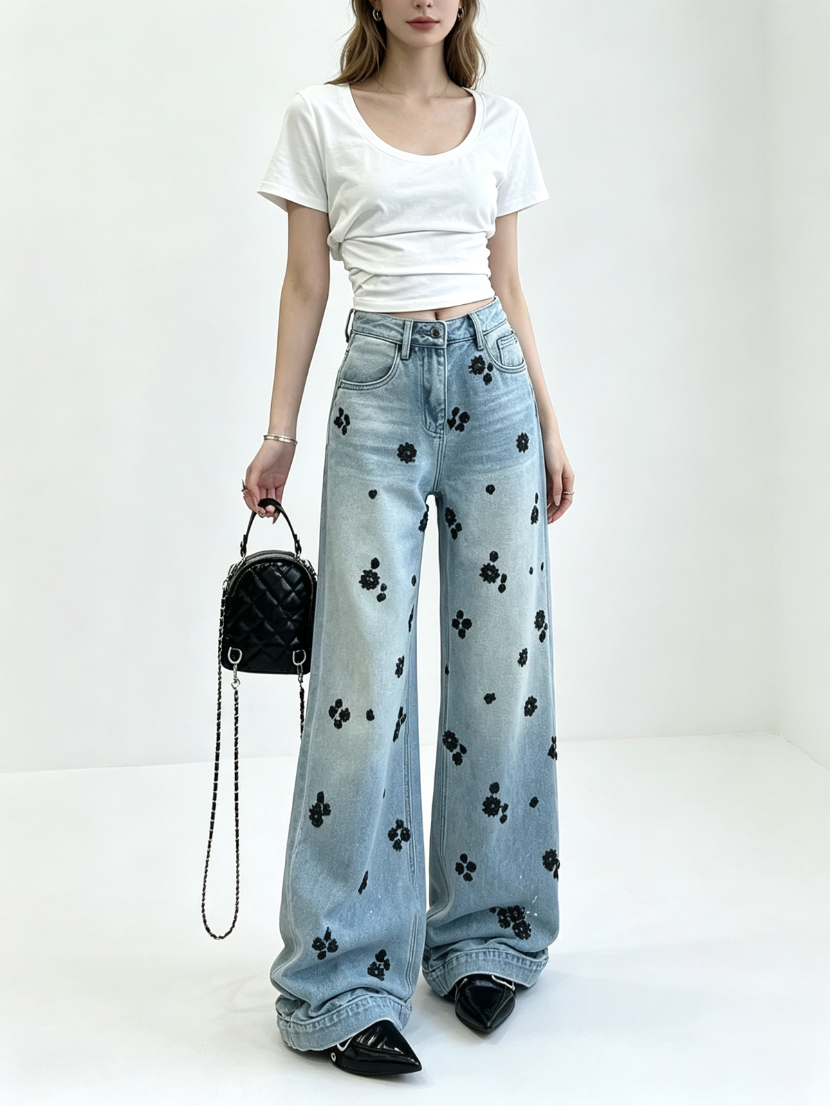 Women Vintage Floral Embroidered Wide Leg Jeans High Waist Baggy Denim Pants