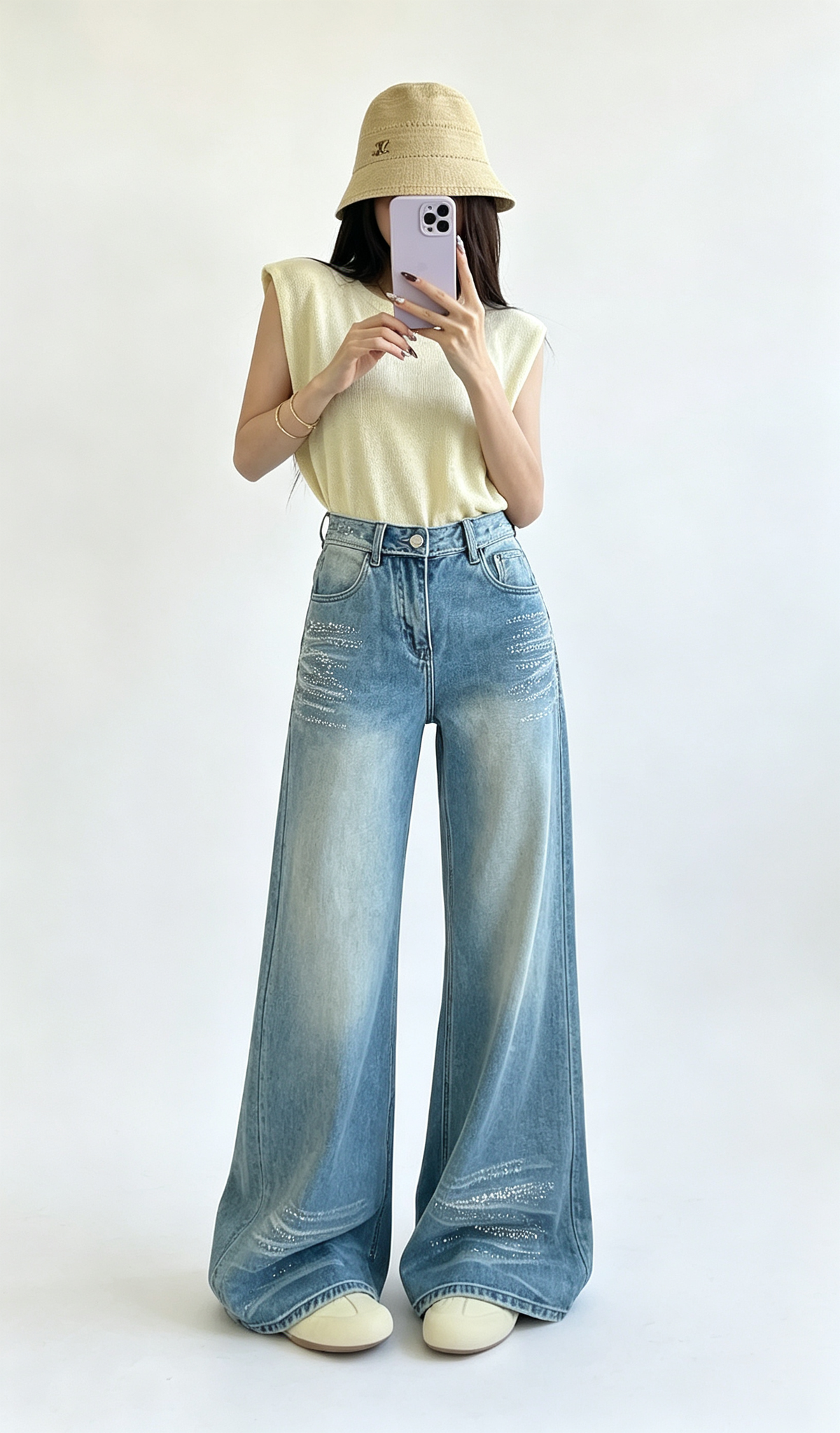 Women Vintage Floral Embroidered Wide Leg Jeans High Waist Baggy Denim Pants