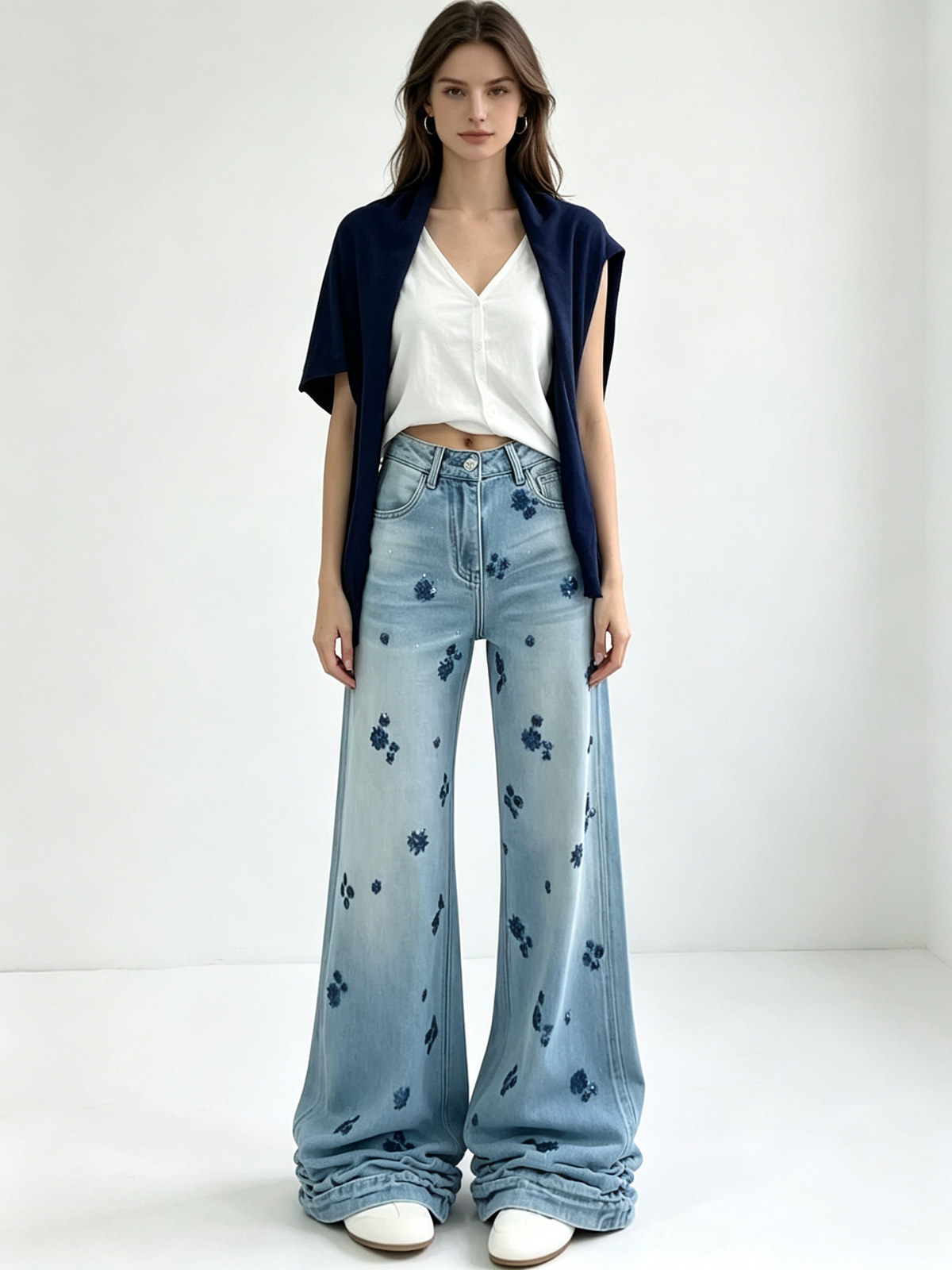 Women Vintage Floral Embroidered Wide Leg Jeans High Waist Baggy Denim Pants