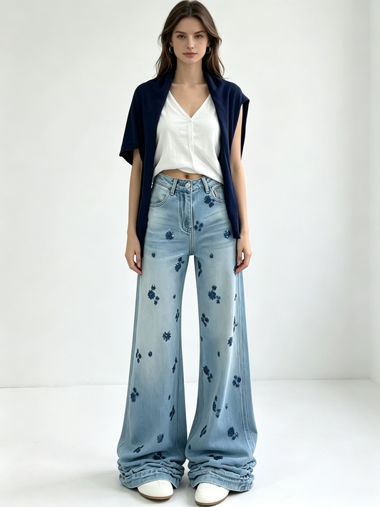 Women Vintage Floral Embroidered Wide Leg Jeans High Waist Baggy Denim Pants