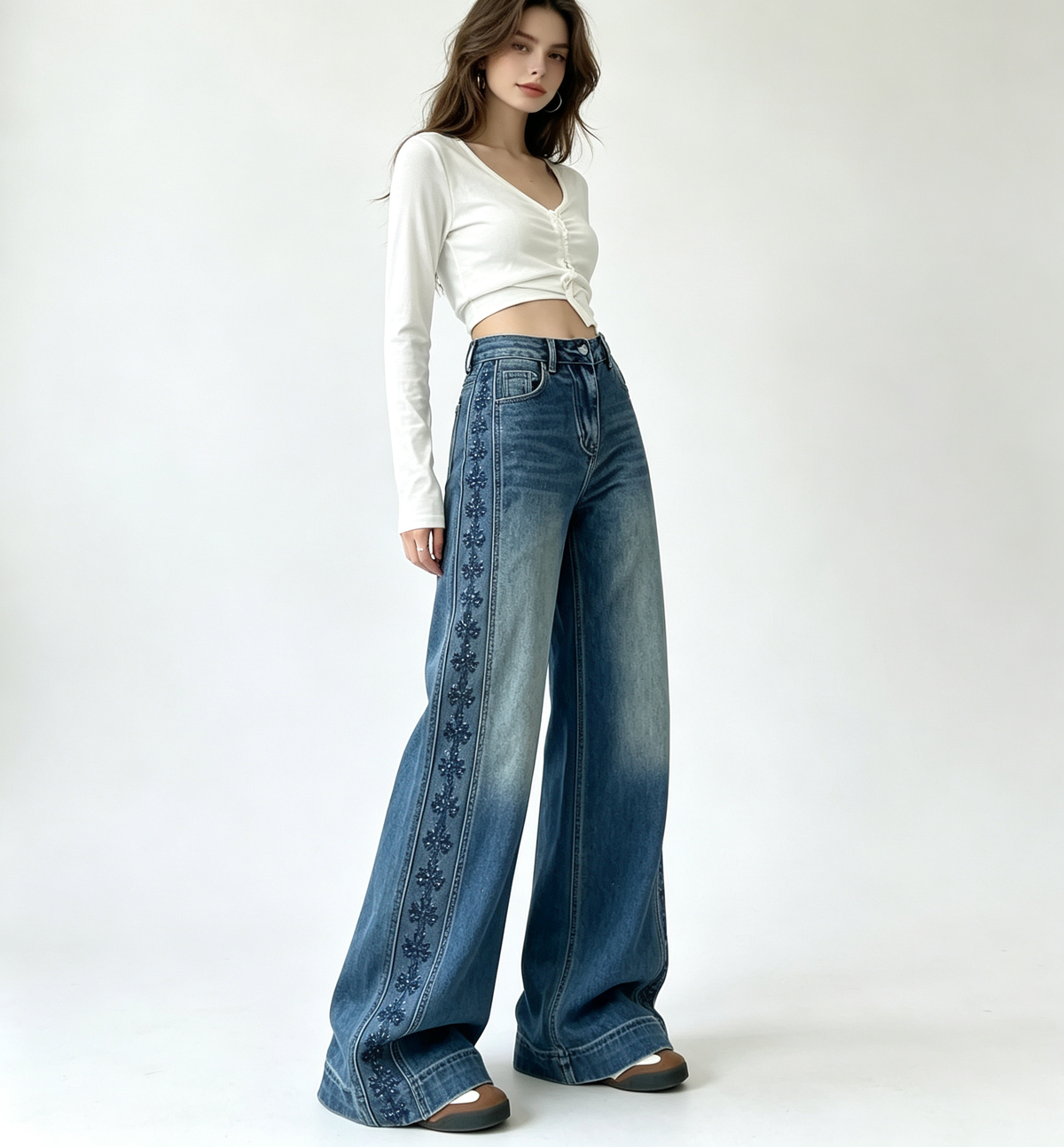 Women Vintage Floral Embroidered Wide Leg Jeans High Waist Baggy Denim Pants