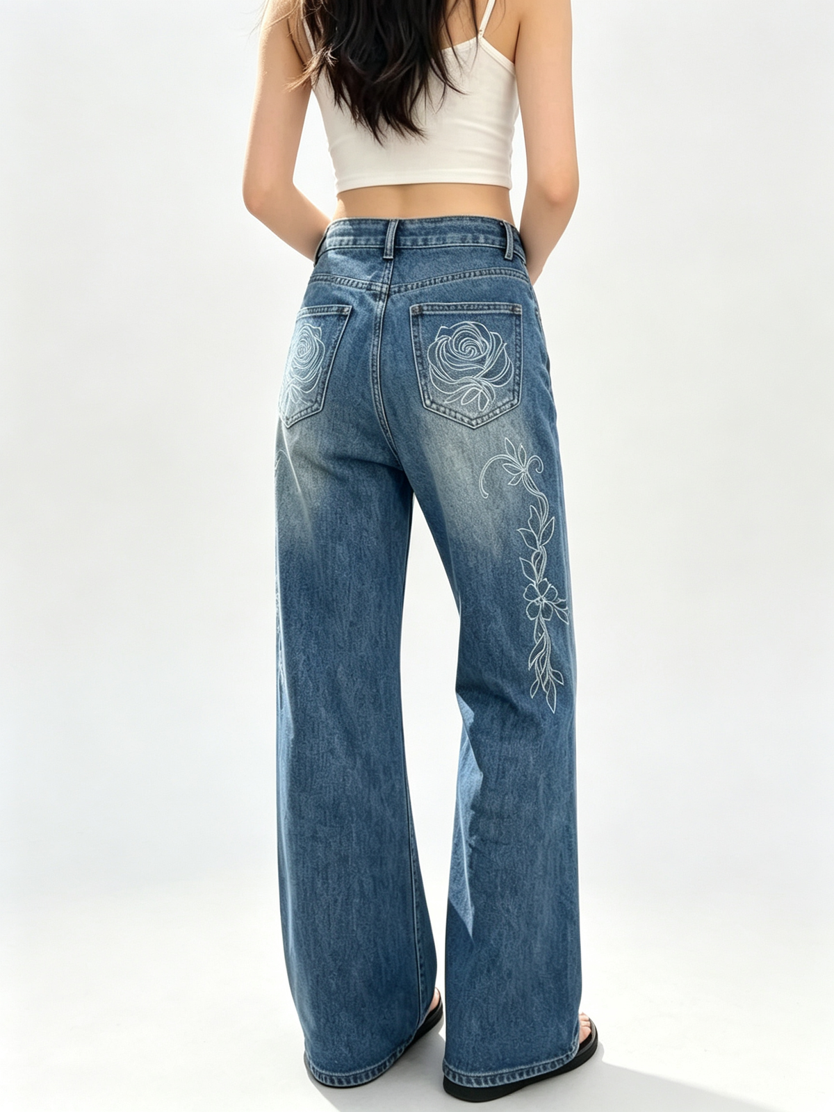 Women Vintage Floral Embroidered Wide Leg Jeans High Waist Baggy Denim Pants