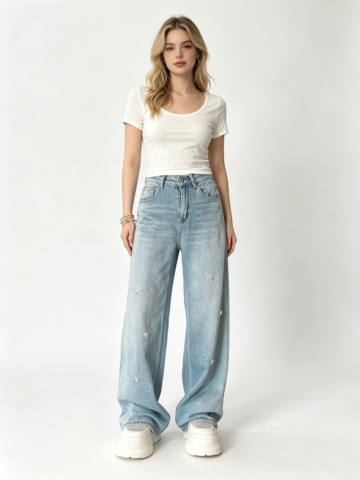 Women Vintage Floral Embroidered Wide Leg Jeans High Waist Baggy Denim Pants