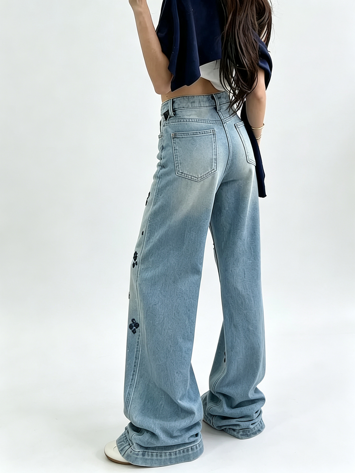 Women Vintage Floral Embroidered Wide Leg Jeans High Waist Baggy Denim Pants