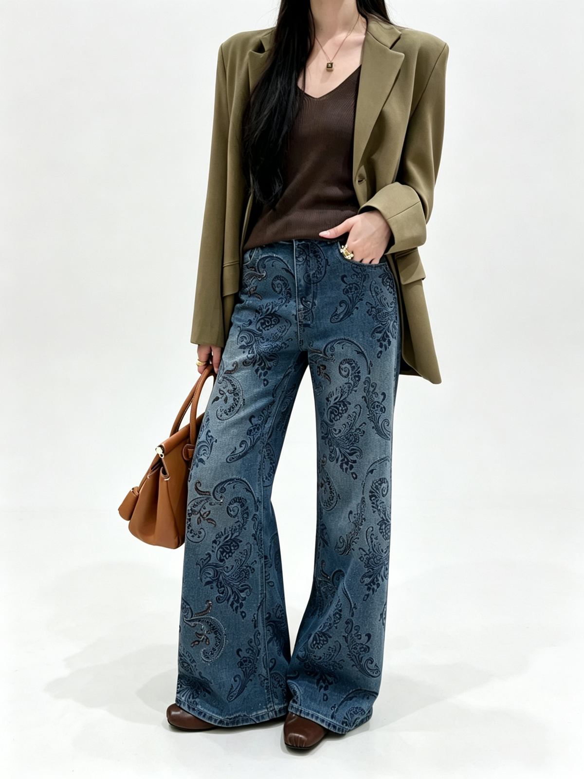 Women Vintage Floral Embroidered Wide Leg Jeans High Waist Baggy Denim Pants