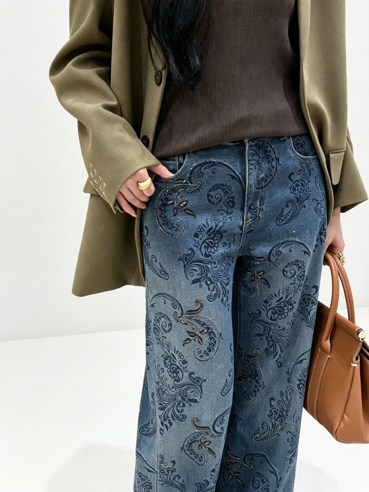 Women Vintage Floral Embroidered Wide Leg Jeans High Waist Baggy Denim Pants