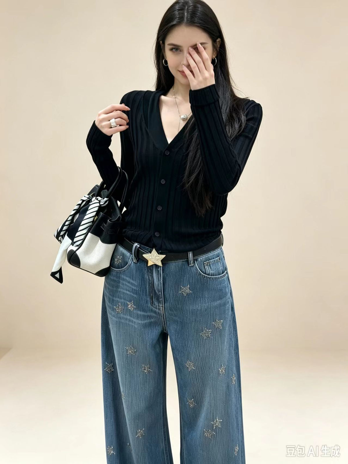 Women Vintage Floral Embroidered Wide Leg Jeans High Waist Baggy Denim Pants
