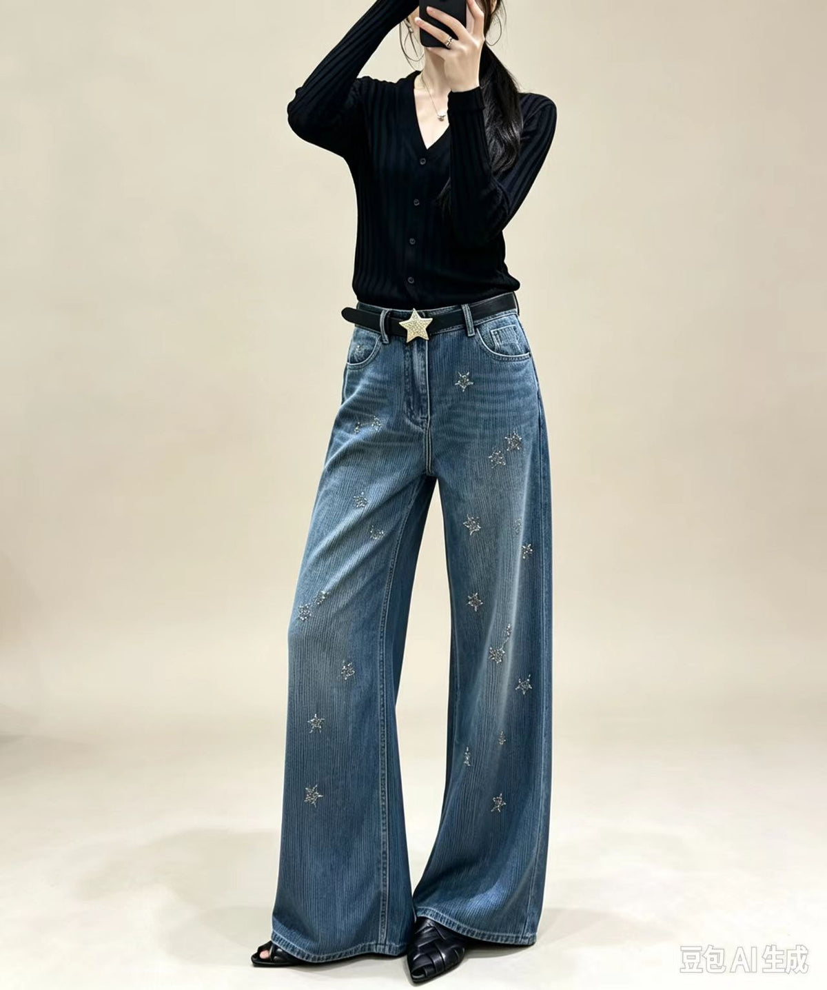 Women Vintage Floral Embroidered Wide Leg Jeans High Waist Baggy Denim Pants