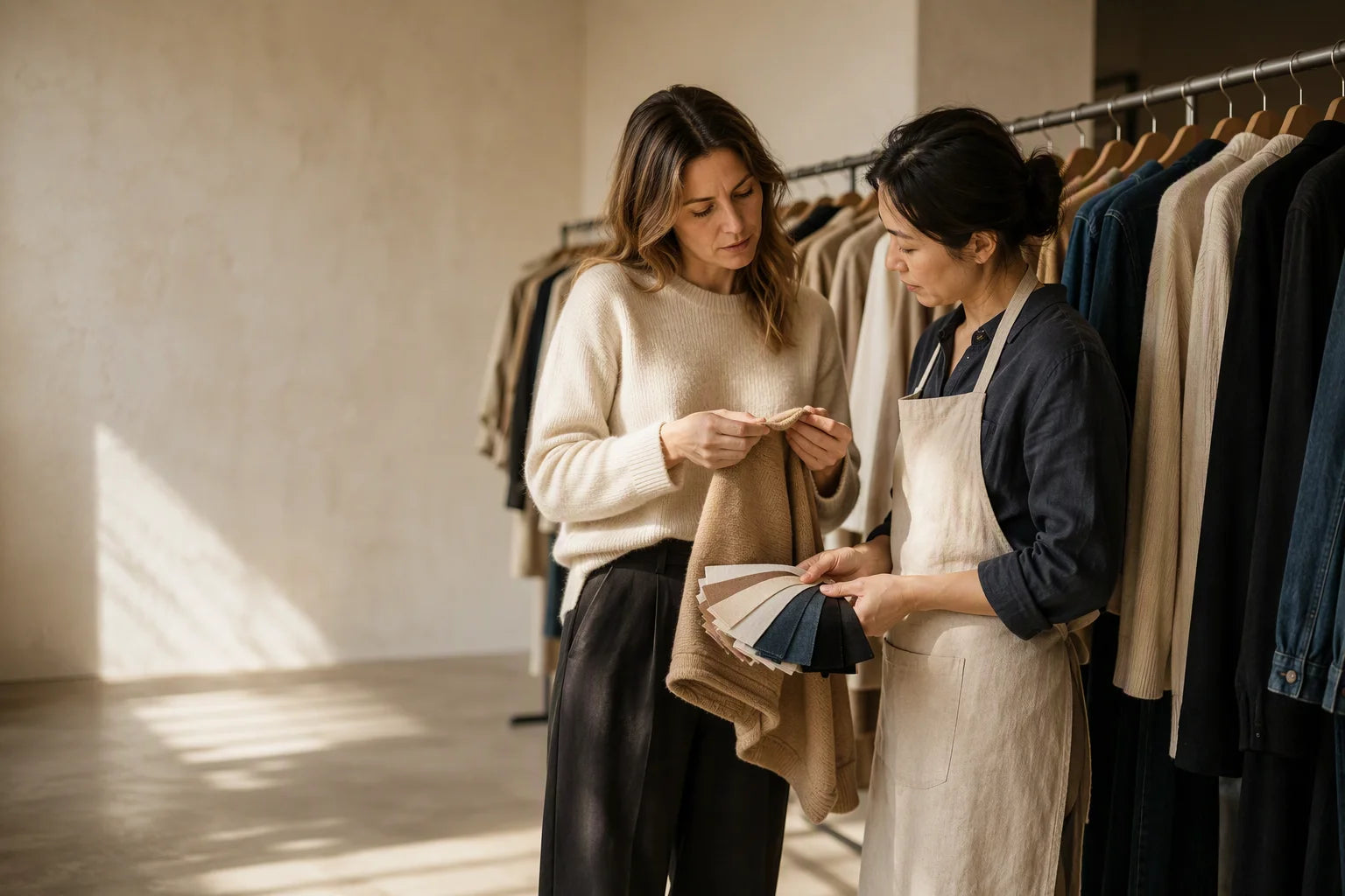 Boutique owner and production manager reviewing a small custom production run of unbranded garments